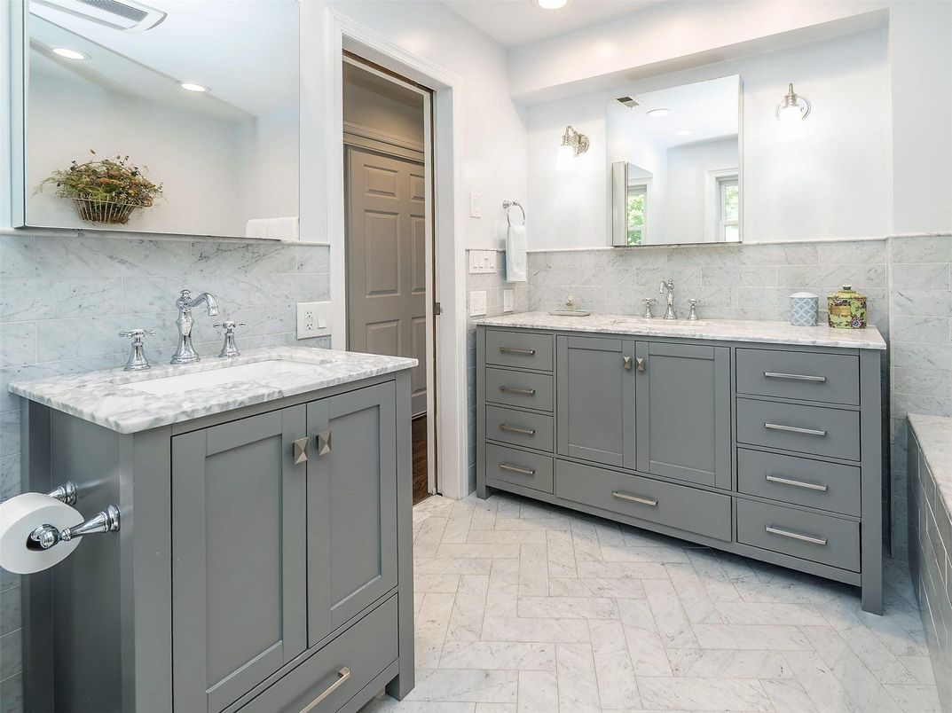 Bathroom, Dual Sink Vanities, Interior, Marble, Marble Walls, Recessed Lighting