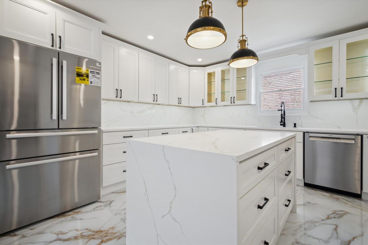 Interior, Kitchen, Marble, Pendant Lights, Recessed Lighting, Stainless Steel Appliances