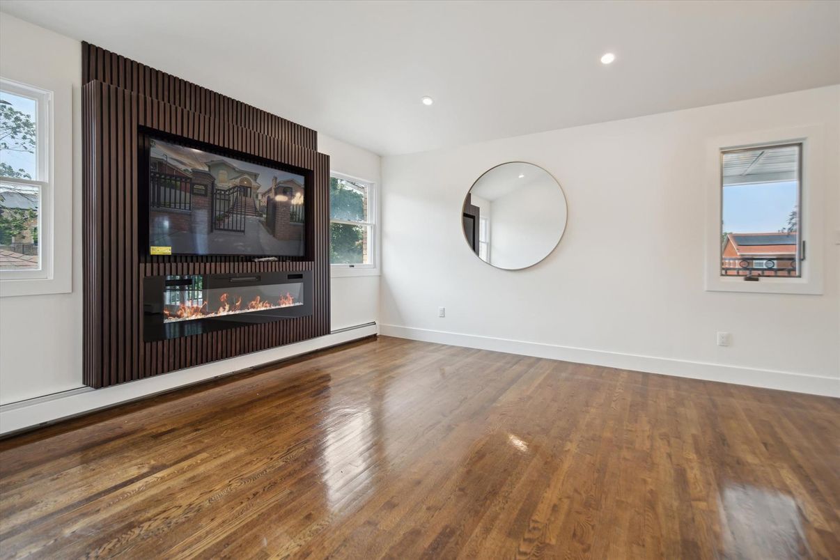 Empty room, Fireplace, Interior, Recessed Lighting, Wood Texture Flooring