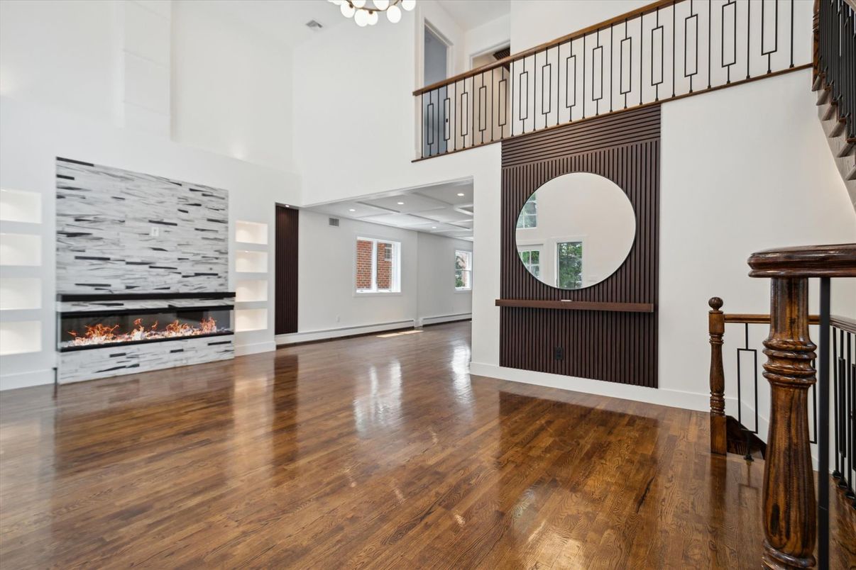 Fireplace, Interior, Recessed Lighting, Wood Texture Flooring