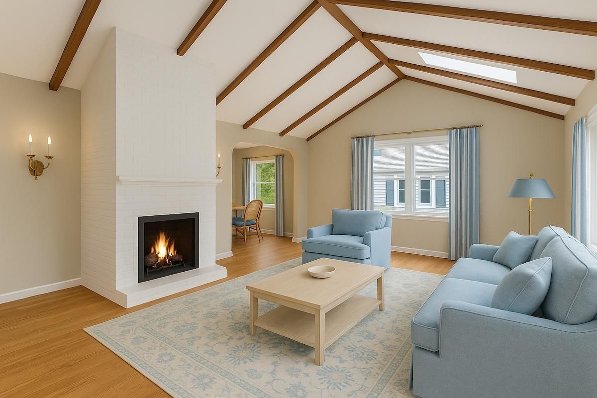 Fireplace, Interior, Living room, Wooden Beams, Wood Texture Flooring
