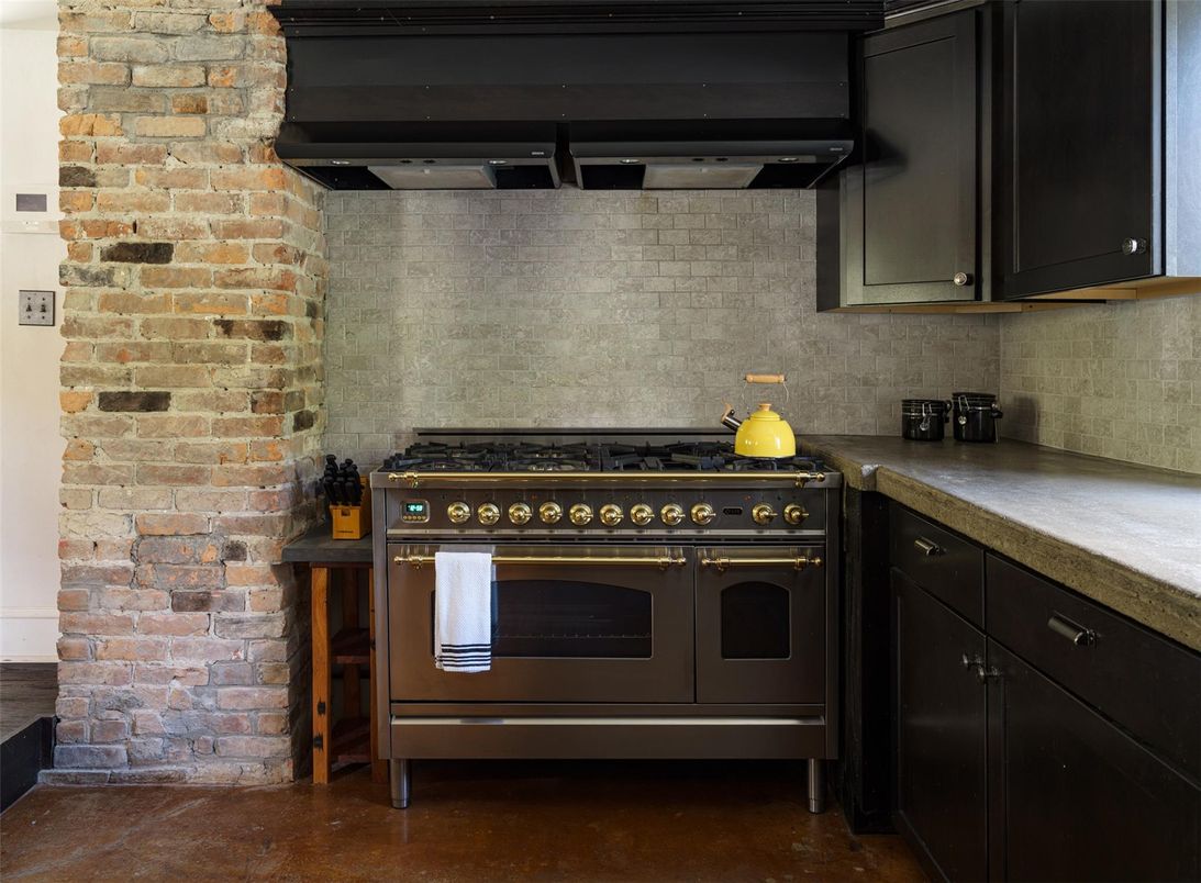 Interior, Kitchen, Stainless Steel Appliances, Stone Walls, Wood Texture Flooring