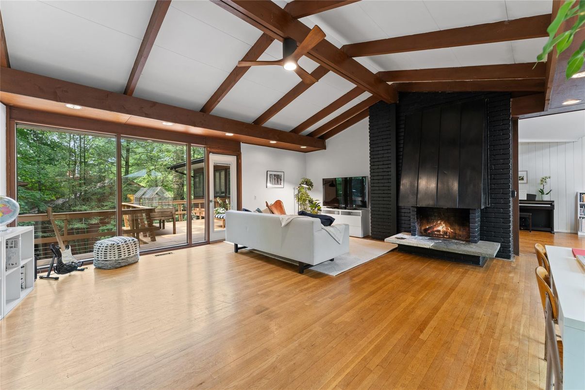 Fireplace, Interior, Living room, Recessed Lighting, Wooden Beams, Wood Texture Flooring