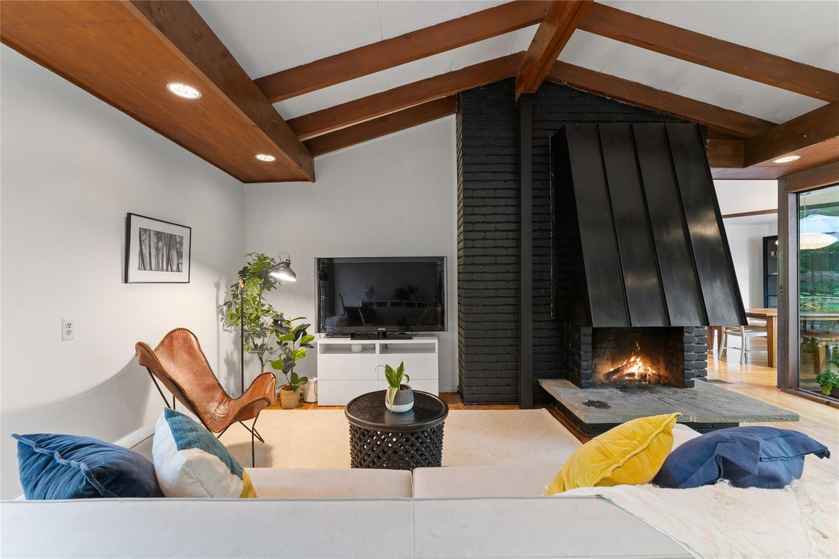 Fireplace, Interior, Living room, Recessed Lighting, Wooden Beams
