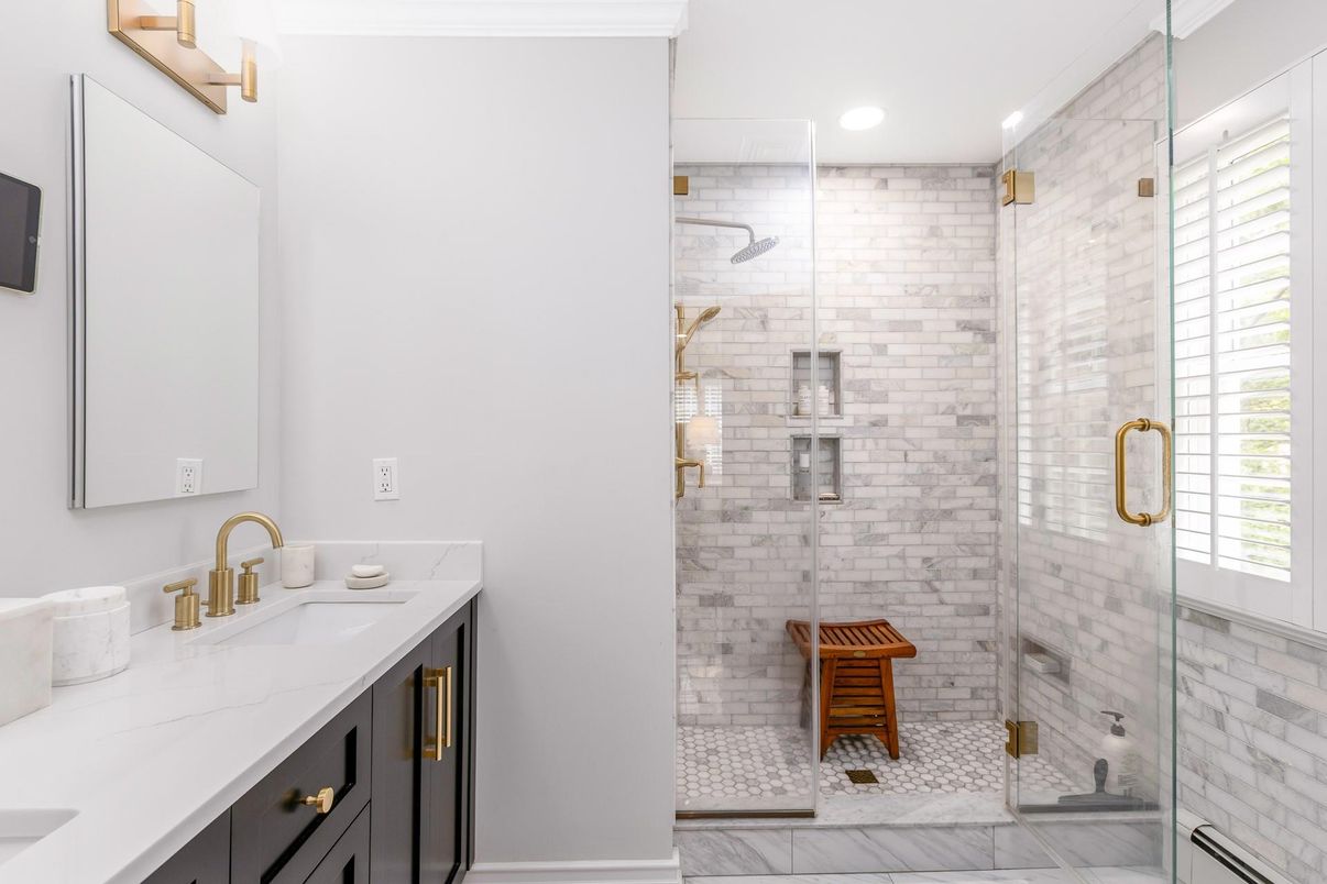 Bathroom, Glass Shower, Interior, Marble, Recessed Lighting