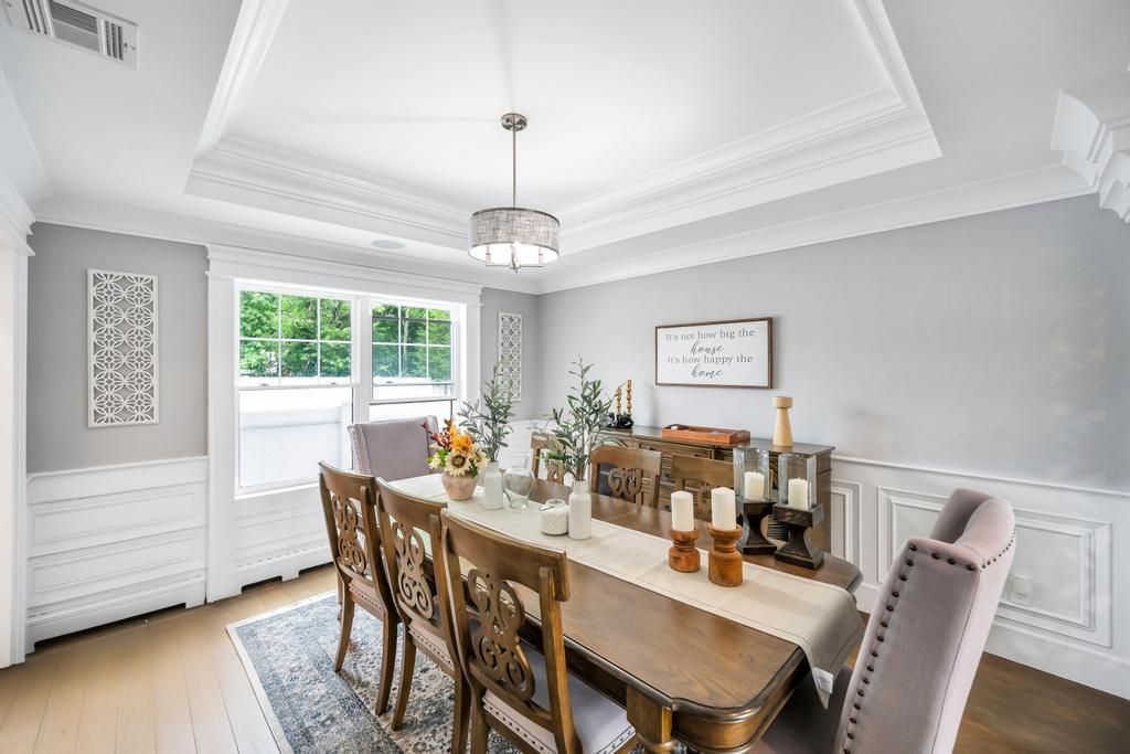 Dining room, Interior, Pendant Lights, Wood Texture Flooring