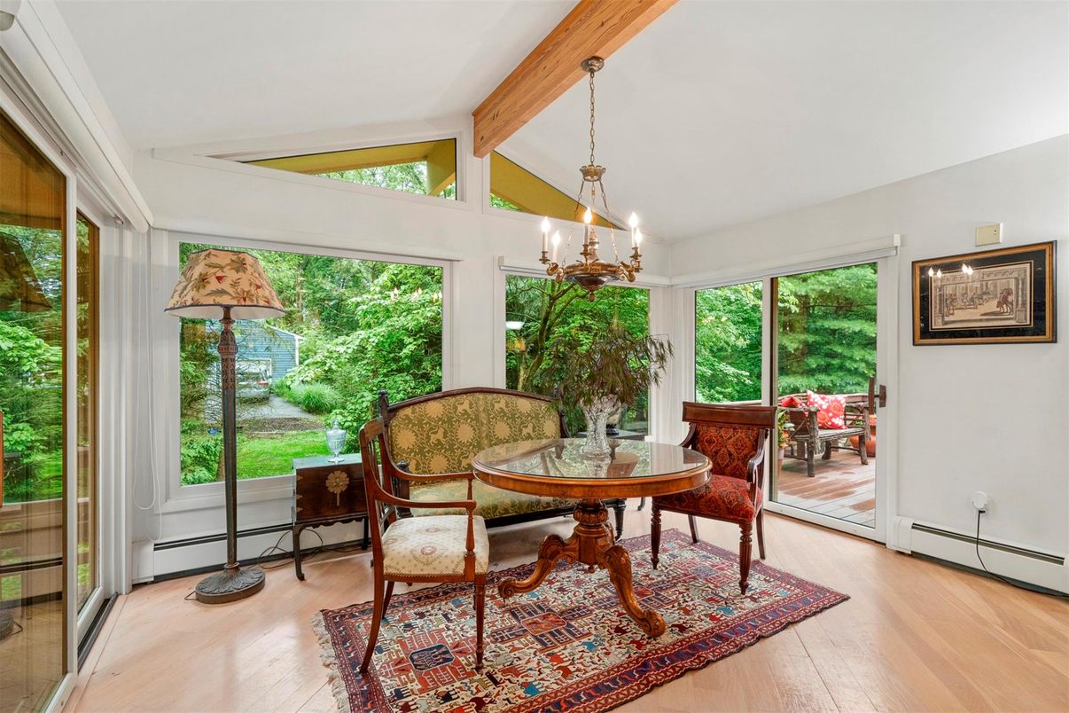 Chandelier, Dining room, Interior, Pendant Lights, Sun Room, Wooden Beams, Wood Texture Flooring