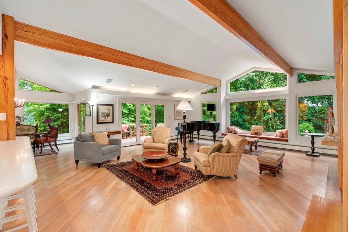 Interior, Living room, Piano, Recessed Lighting, Wooden Beams, Wood Texture Flooring