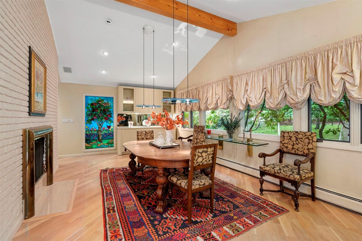 Dining room, Interior, Pendant Lights, Recessed Lighting, Stone Walls, Wooden Beams, Wood Texture Flooring