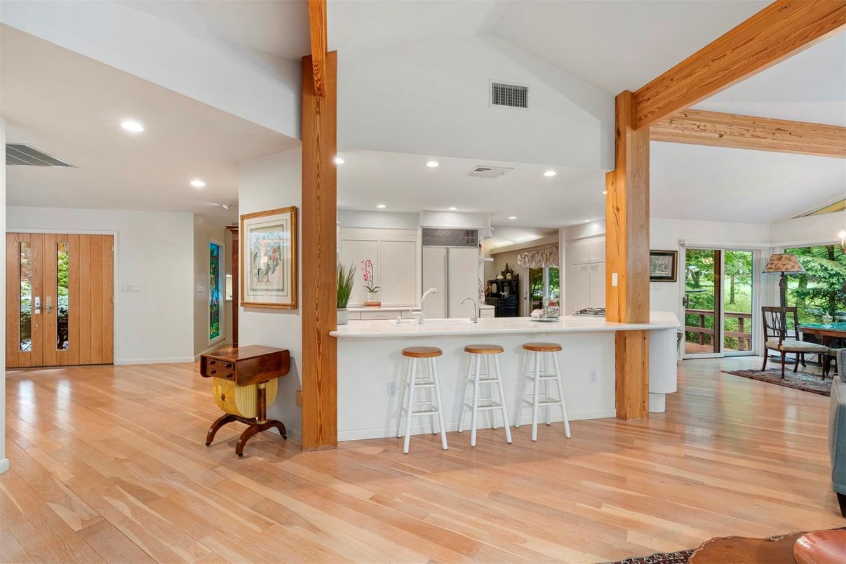 Interior, Kitchen, Recessed Lighting, Wooden Beams, Wood Texture Flooring