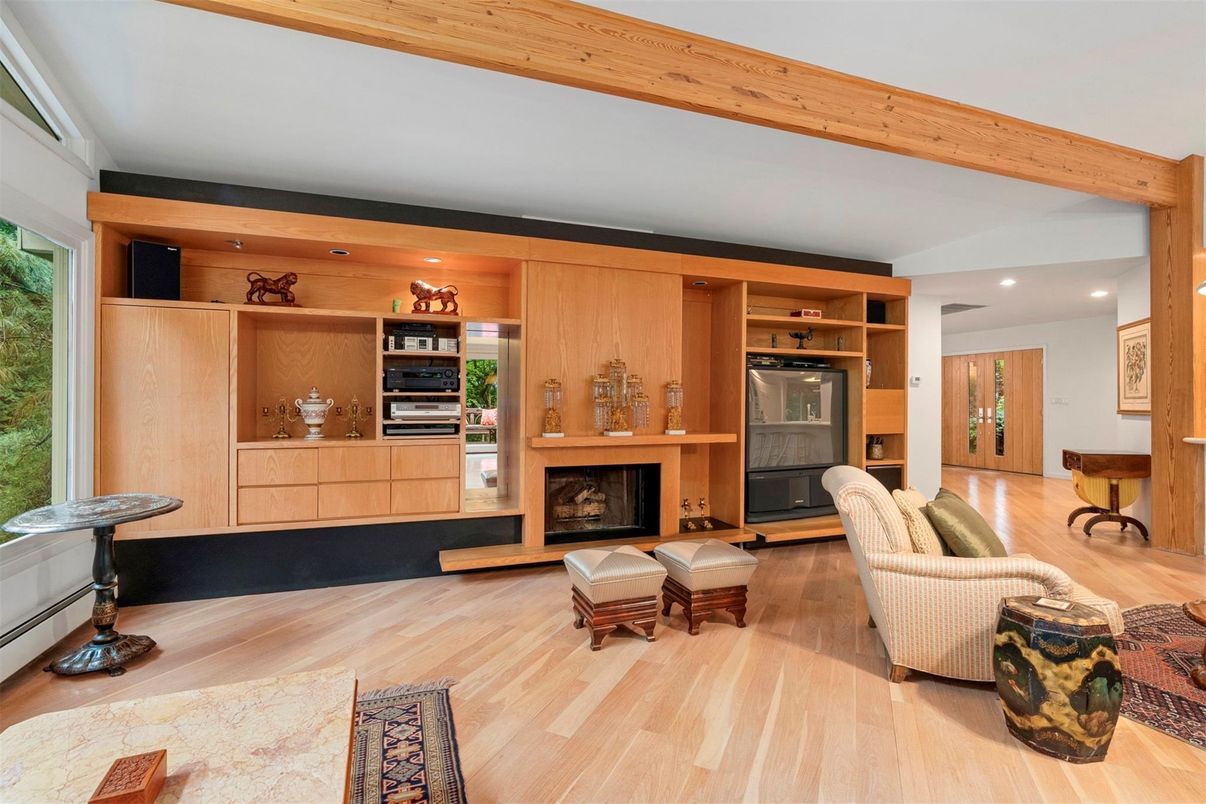 Fireplace, Interior, Recessed Lighting, Wooden Beams, Wood Texture Flooring
