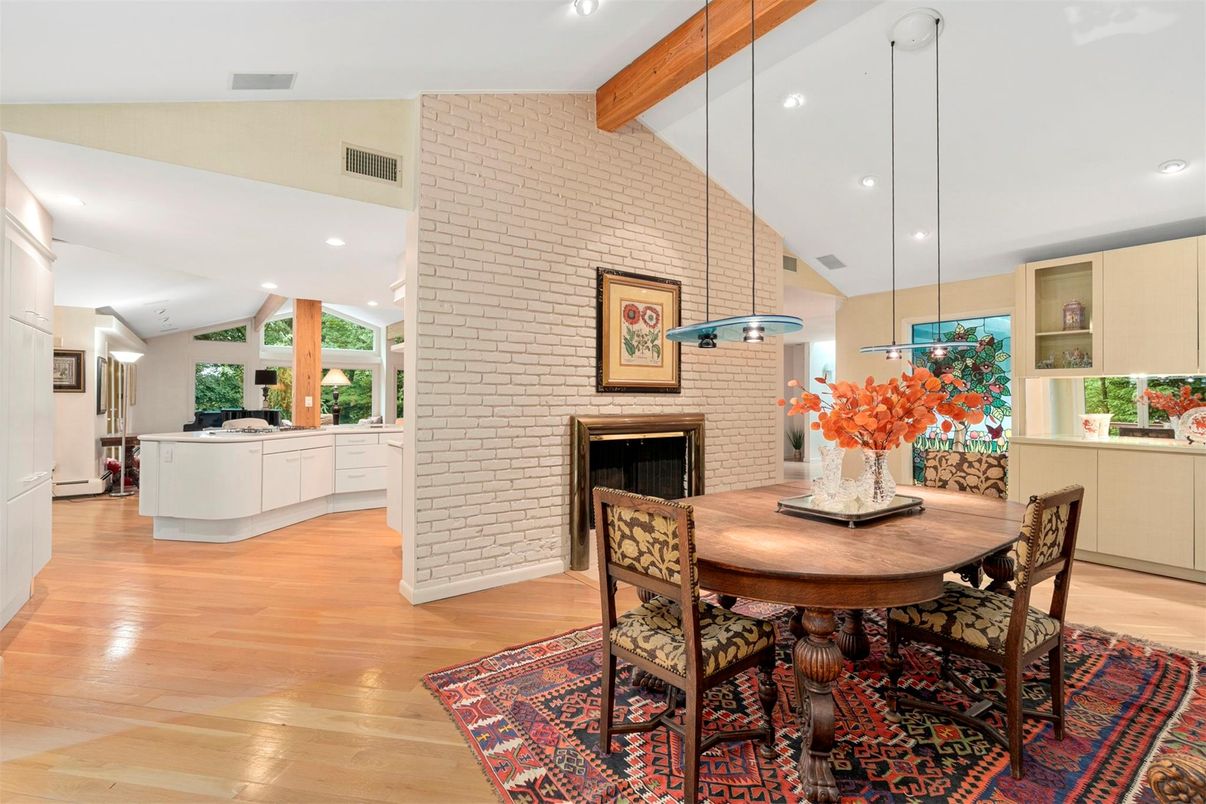 Dining room, Fireplace, Interior, Kitchen, Pendant Lights, Recessed Lighting, Stone Walls, Wooden Beams, Wood Texture Flooring