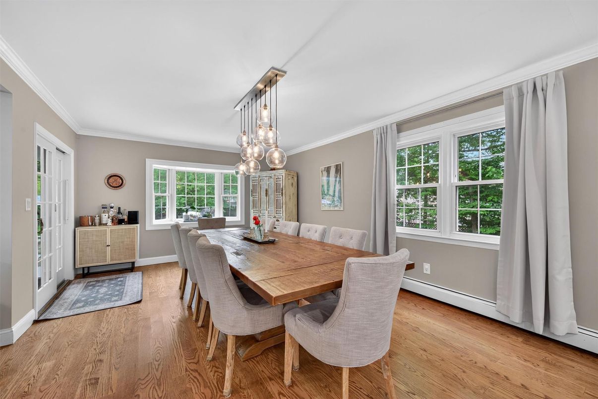 Dining room, Interior, Pendant Lights, Wood Texture Flooring
