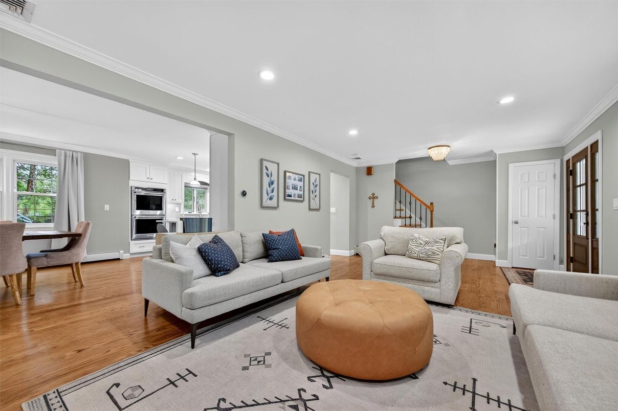 Dining room, Interior, Kitchen, Living room, Recessed Lighting, Stainless Steel Appliances, Wood Texture Flooring