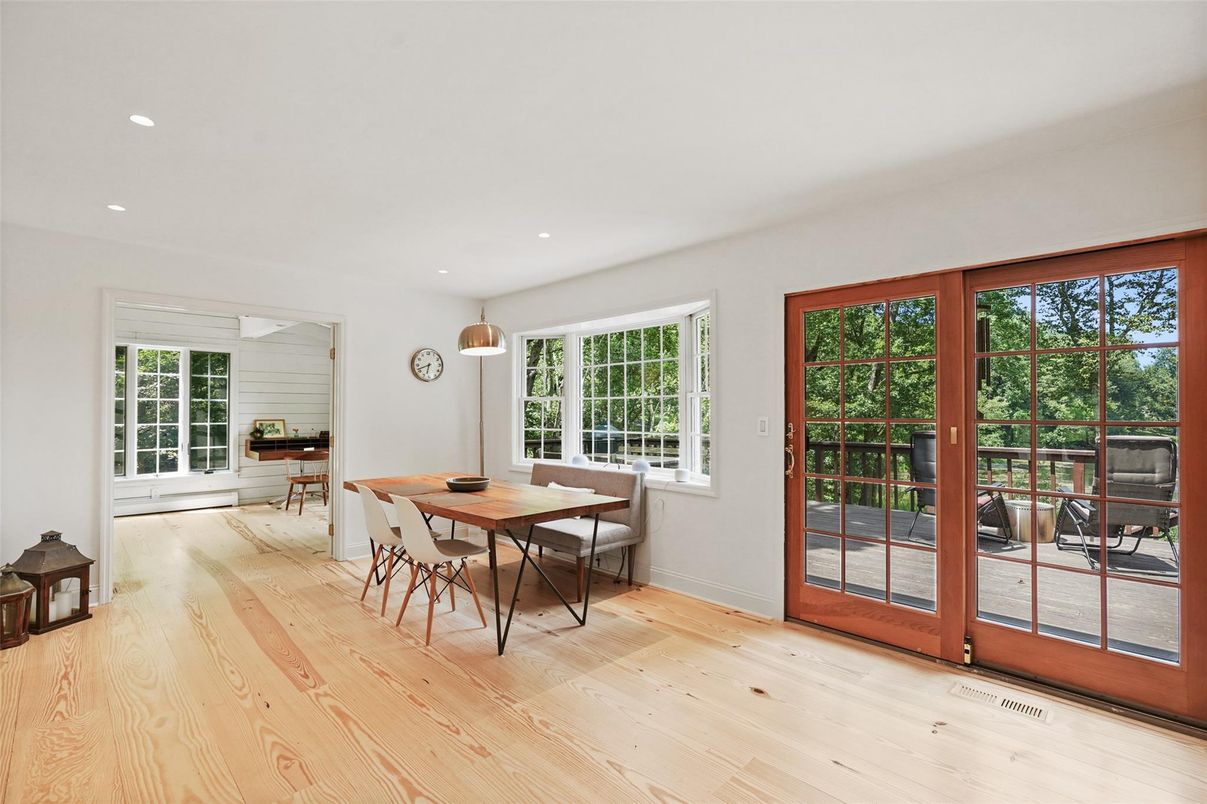 Dining room, Interior, Pendant Lights, Recessed Lighting, Wood Texture Flooring