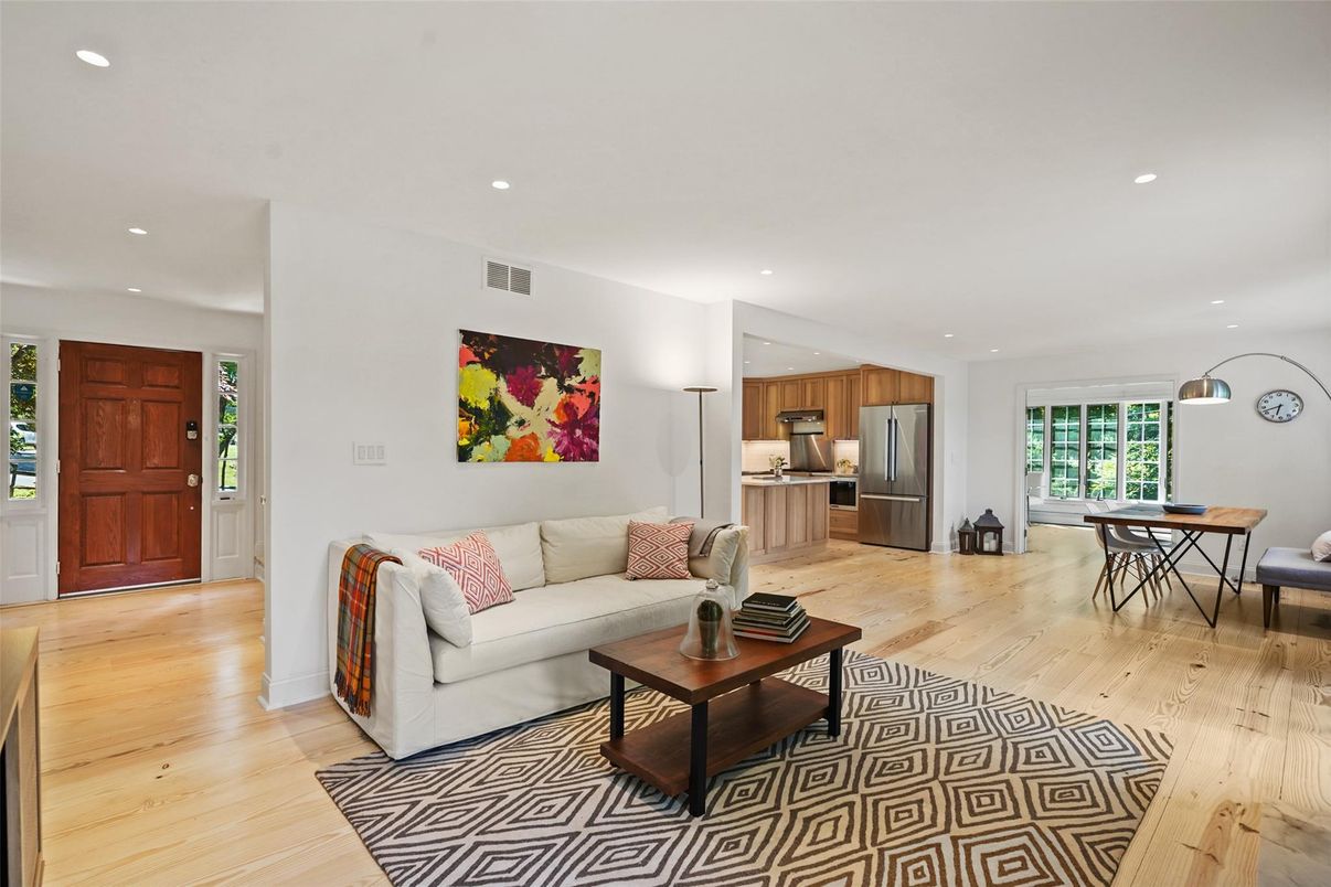 Dining room, Interior, Kitchen, Living room, Recessed Lighting, Stainless Steel Appliances, Wood Texture Flooring