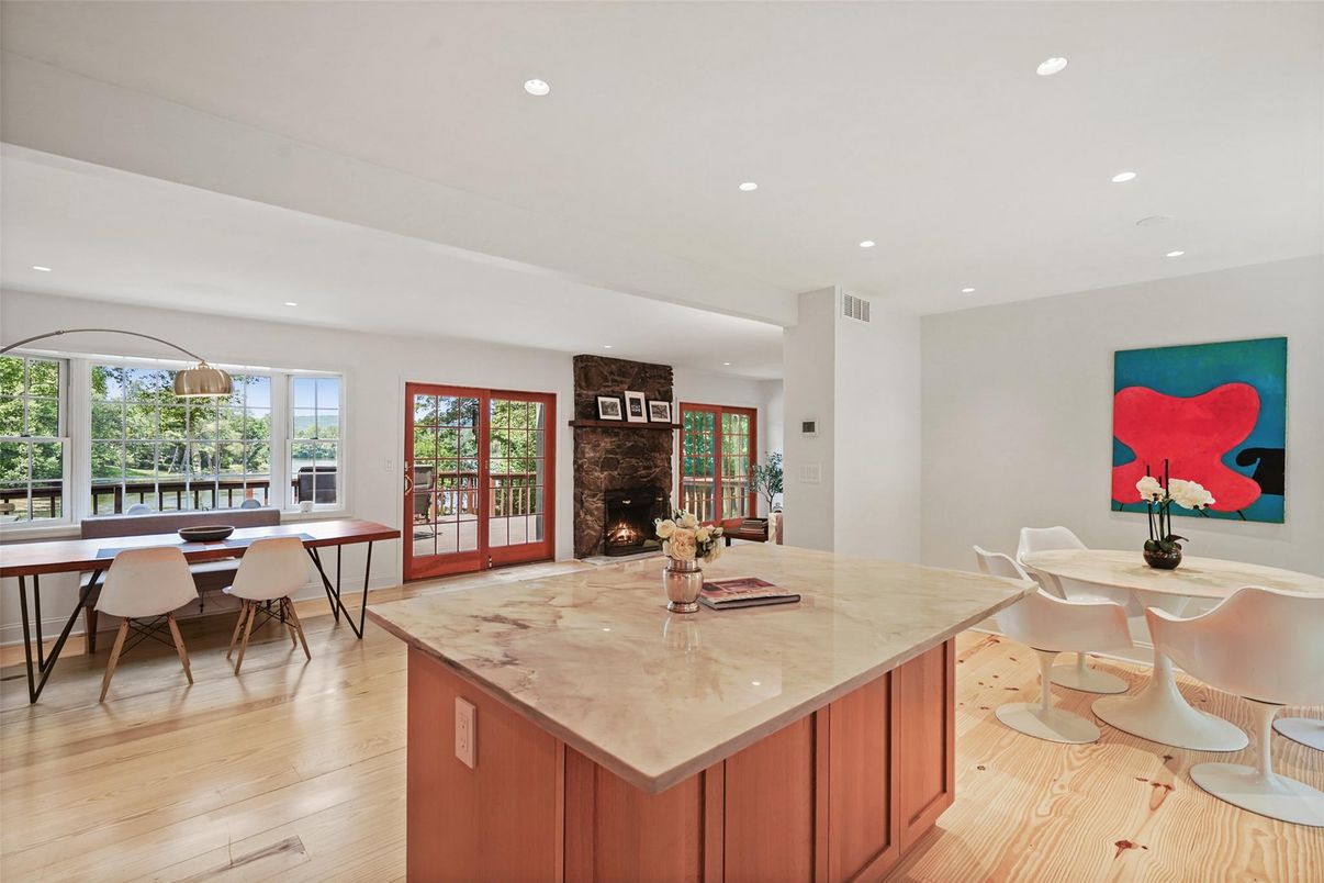 Dining room, Fireplace, Interior, Kitchen, Recessed Lighting, Wood Texture Flooring