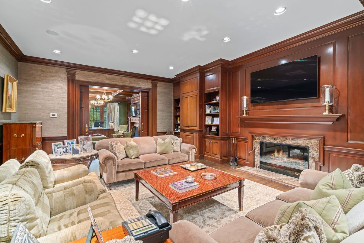 Chandelier, Dining room, Fireplace, Interior, Living room, Recessed Lighting, Wood Texture Flooring, Wooden Walls