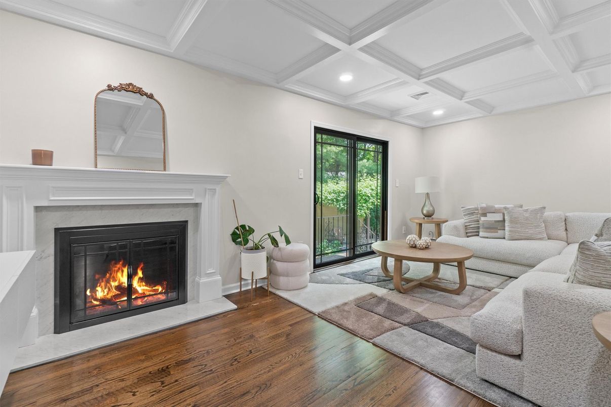 Fireplace, Interior, Living room, Recessed Lighting, Wood Texture Flooring