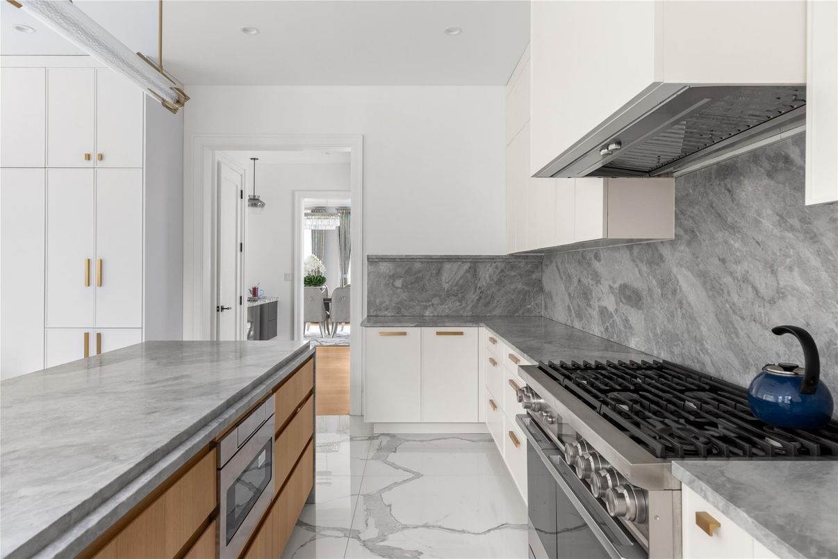 Interior, Kitchen, Marble, Marble Walls, Recessed Lighting, Stainless Steel Appliances
