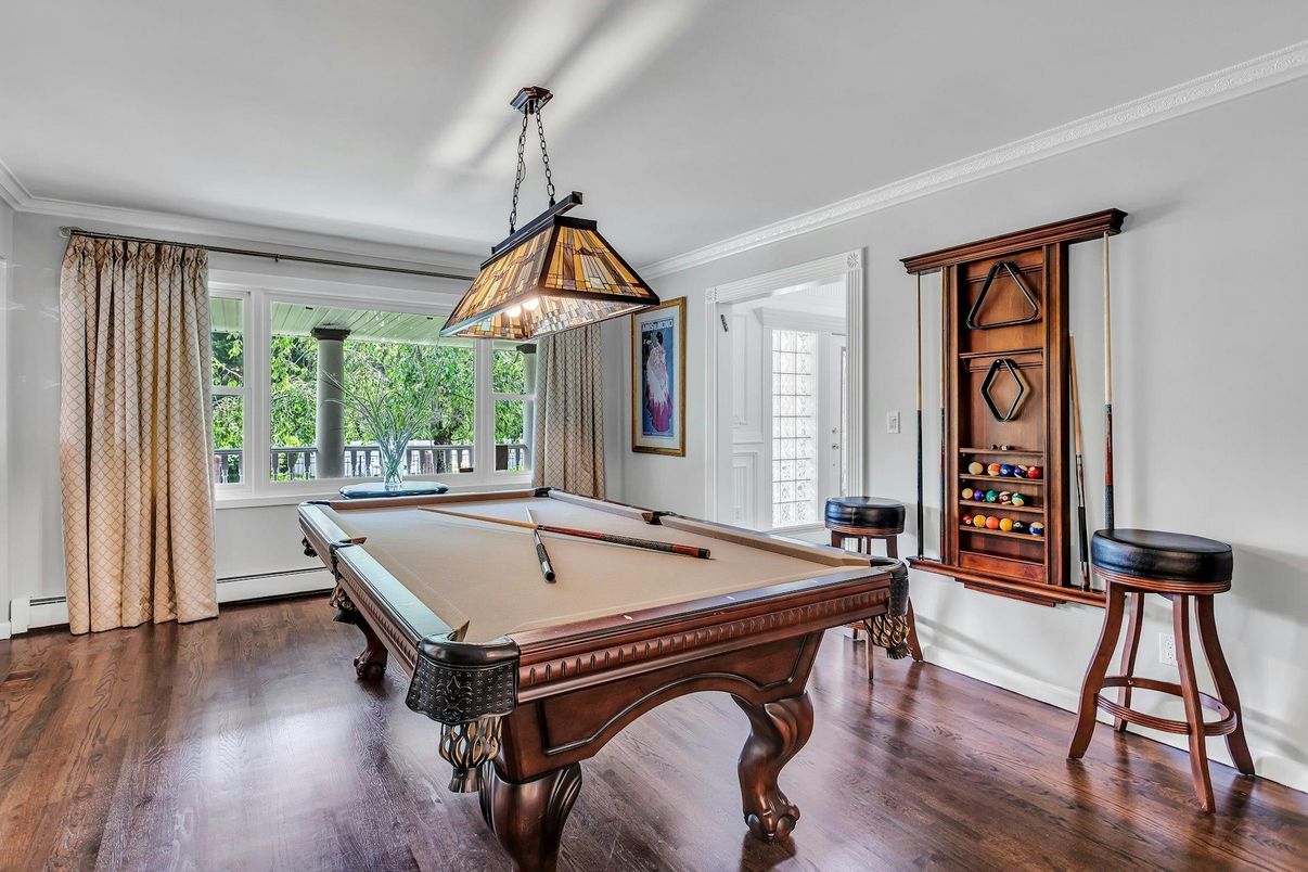 Billiard Table, Game Room, Interior, Pendant Lights, Wood Texture Flooring
