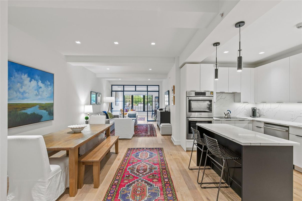 Interior, Kitchen, Living room, Pendant Lights, Recessed Lighting, Stainless Steel Appliances, Wood Texture Flooring