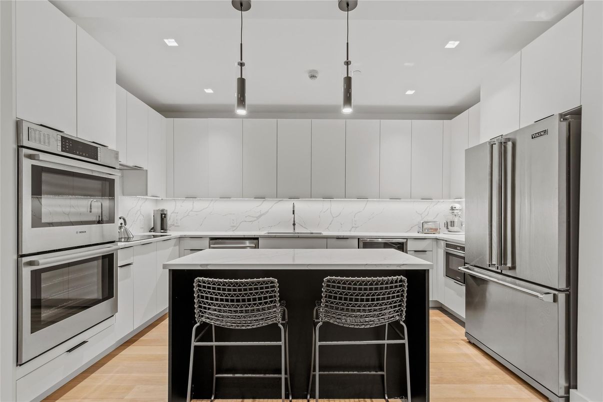 Interior, Kitchen, Pendant Lights, Recessed Lighting, Stainless Steel Appliances, Wood Texture Flooring