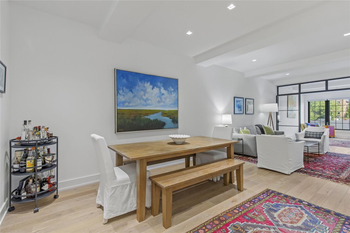Dining room, Interior, Living room, Recessed Lighting, Wood Texture Flooring