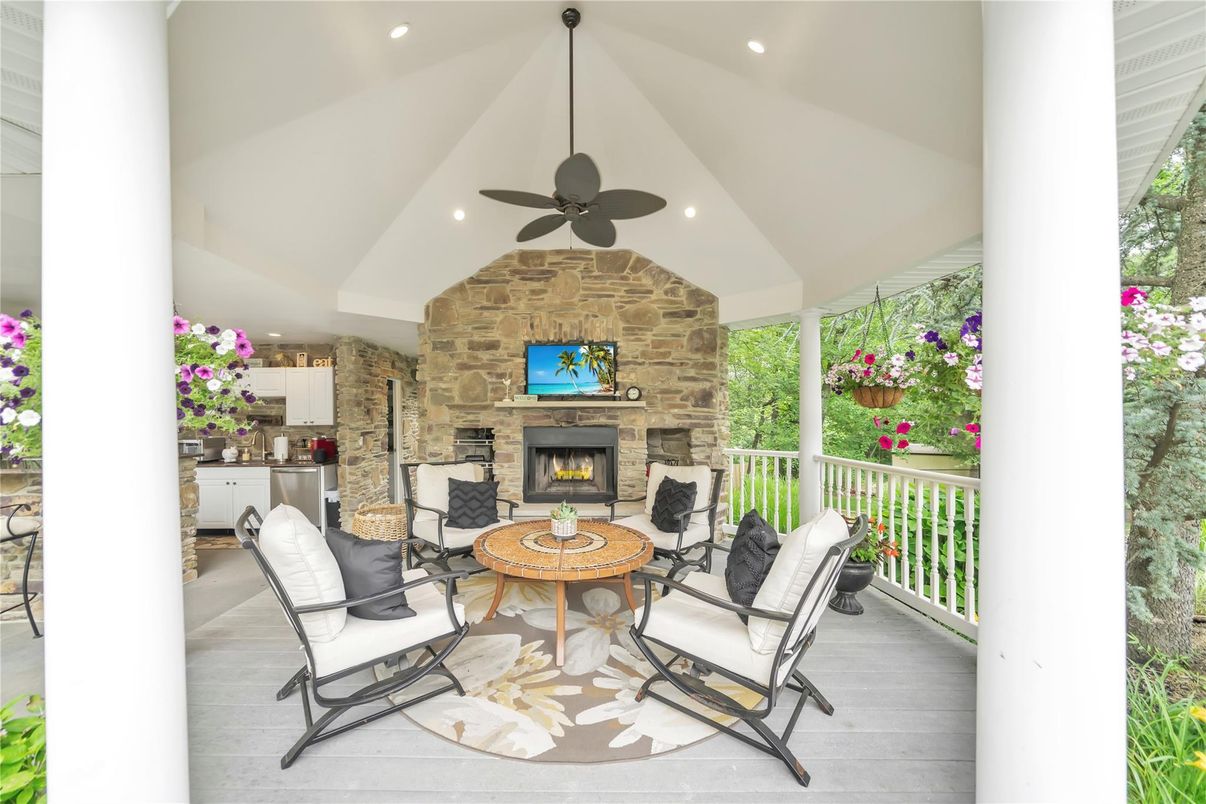 Exterior, Fireplace, Interior, Recessed Lighting, Stone Walls