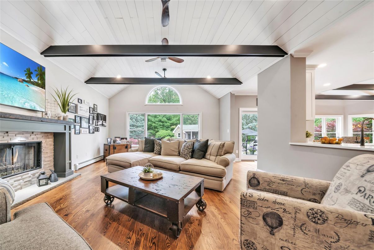 Fireplace, Interior, Living room, Recessed Lighting, Wood Texture Flooring