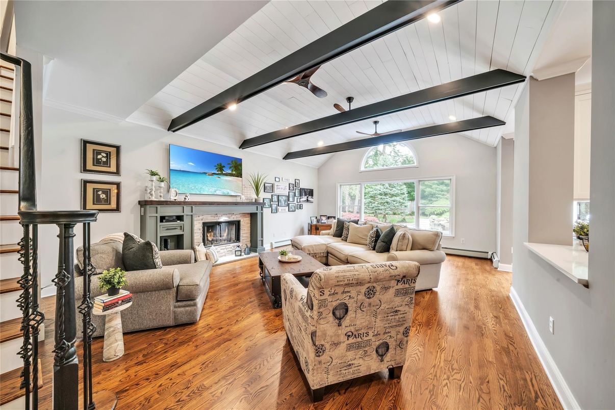 Fireplace, Interior, Living room, Recessed Lighting, Wood Texture Flooring