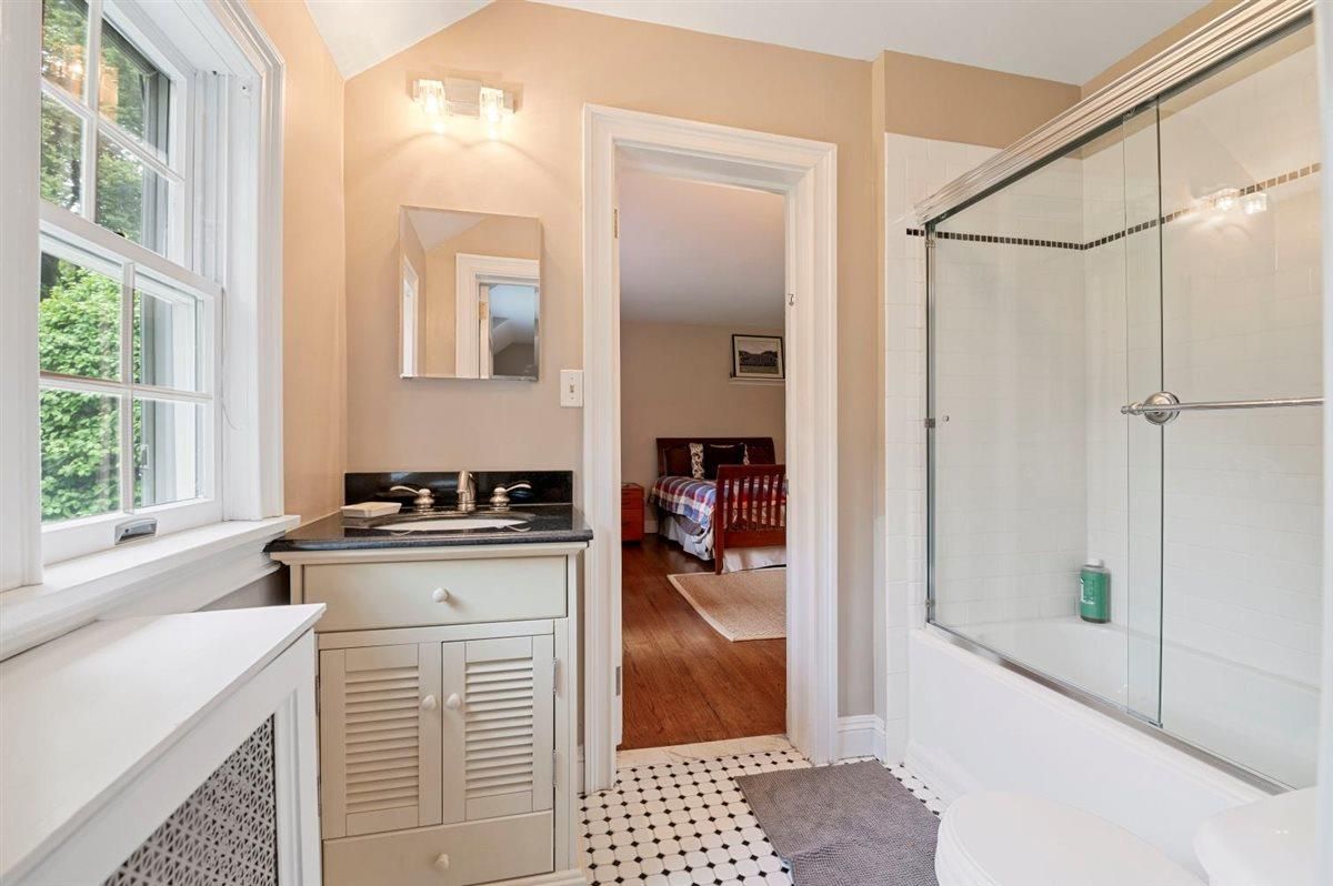 Bathroom, Glass Shower, Interior, Wood Texture Flooring