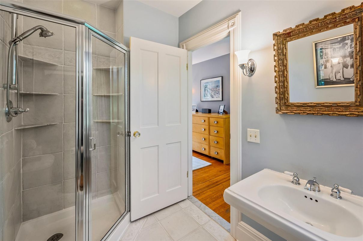Bathroom, Glass Shower, Interior, Wood Texture Flooring