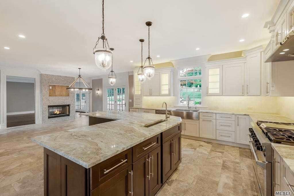 Fireplace, Interior, Kitchen, Pendant Lights, Recessed Lighting, Stainless Steel Appliances