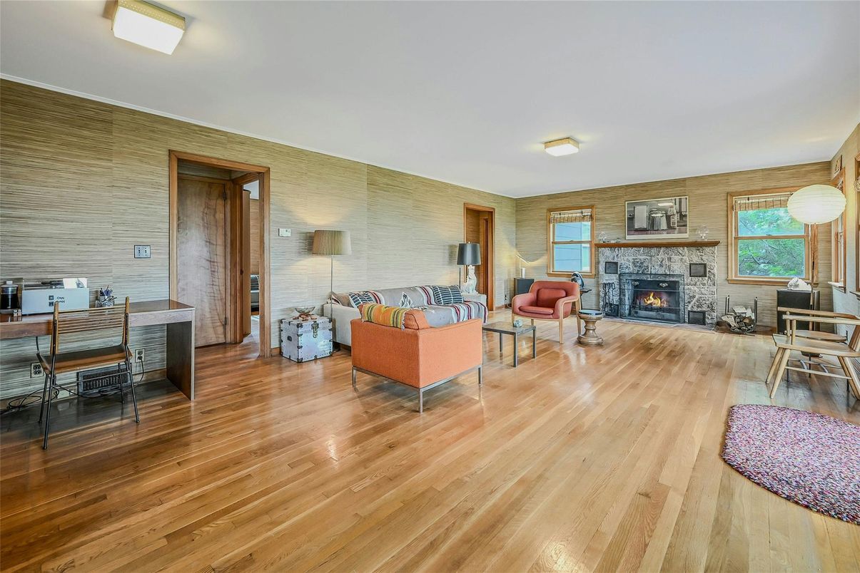 Dining room, Fireplace, Interior, Living room, Wood Texture Flooring