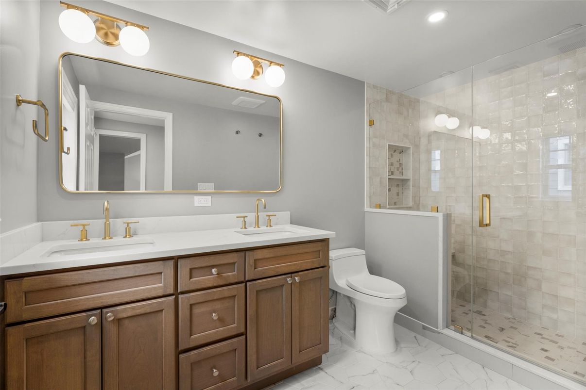 Bathroom, Dual Sink Vanities, Glass Shower, Interior, Marble, Recessed Lighting