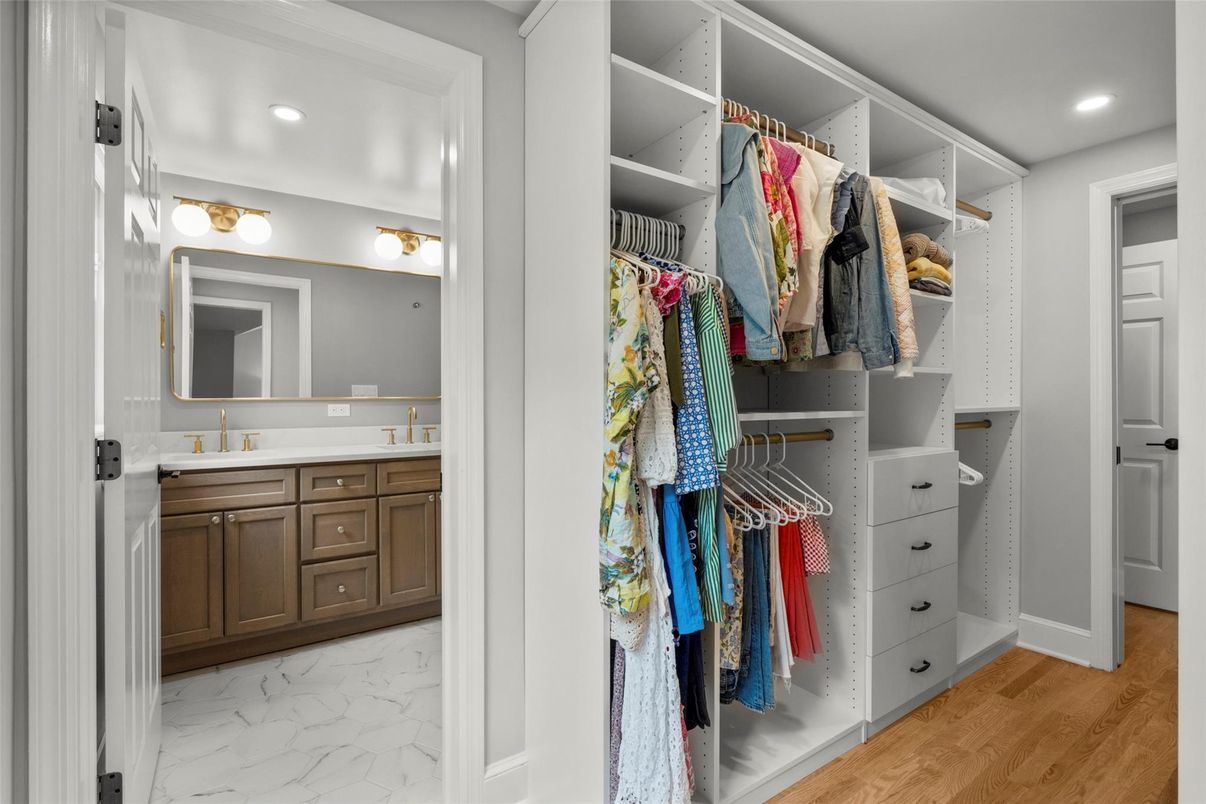Bathroom, Interior, Marble, Recessed Lighting, Walk-in Closets, Wood Texture Flooring