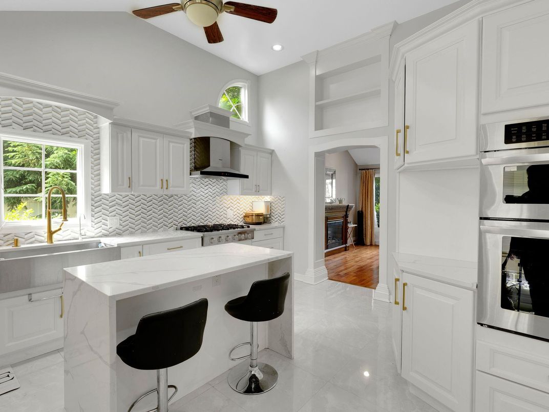 Interior, Kitchen, Marble, Recessed Lighting, Stainless Steel Appliances, Wood Texture Flooring