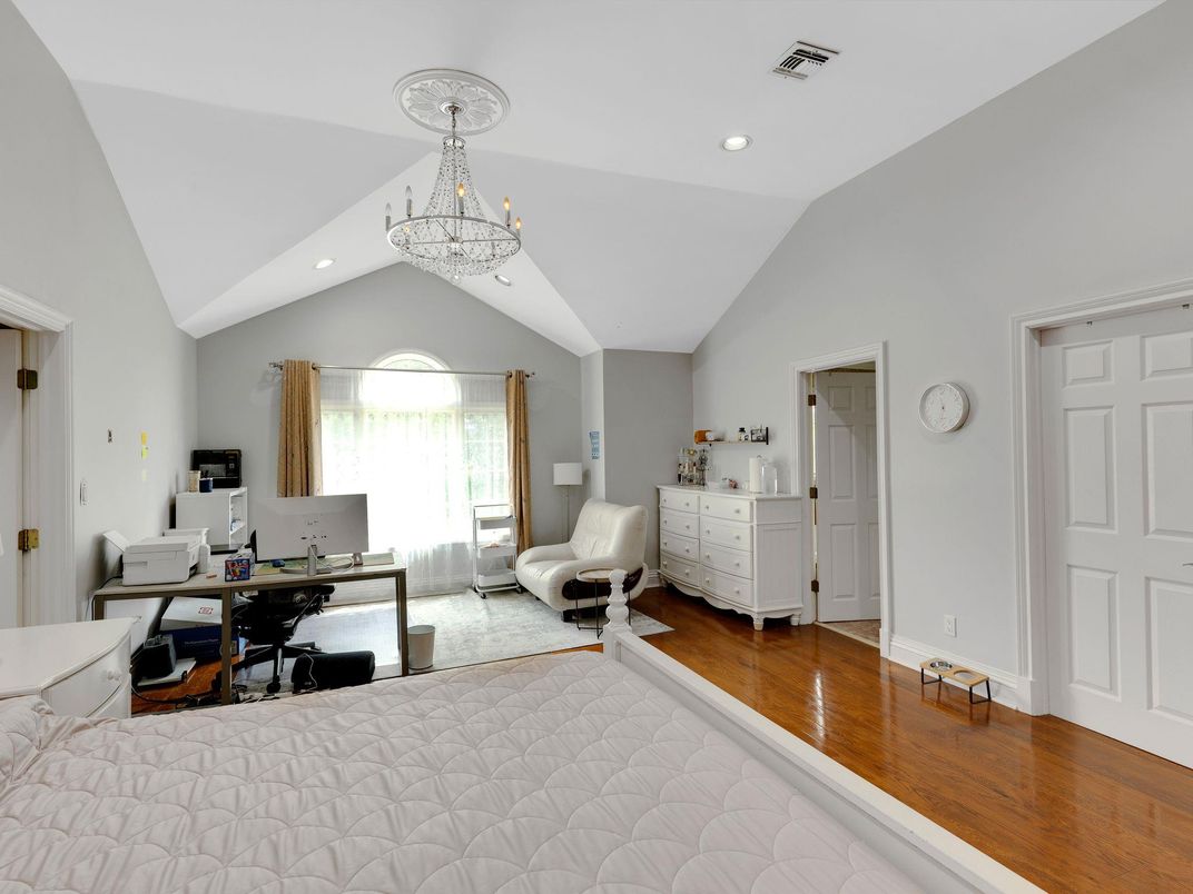 Chandelier, Home Office, Interior, Recessed Lighting, Wood Texture Flooring