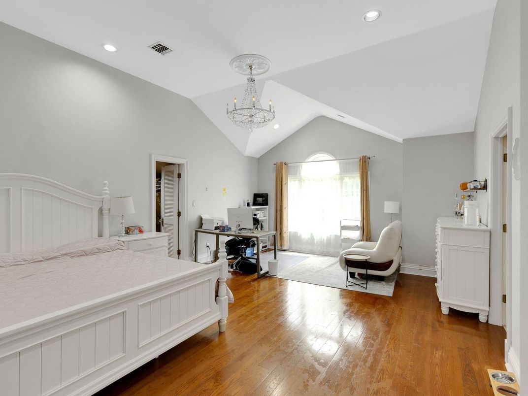 Bedroom, Chandelier, Home Office, Interior, Recessed Lighting, Wood Texture Flooring