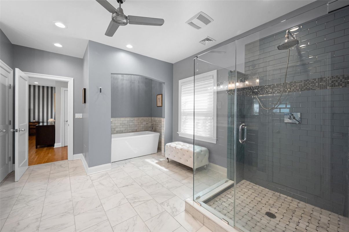 Bathroom, Glass Shower, Interior, Marble, Recessed Lighting, Wood Texture Flooring