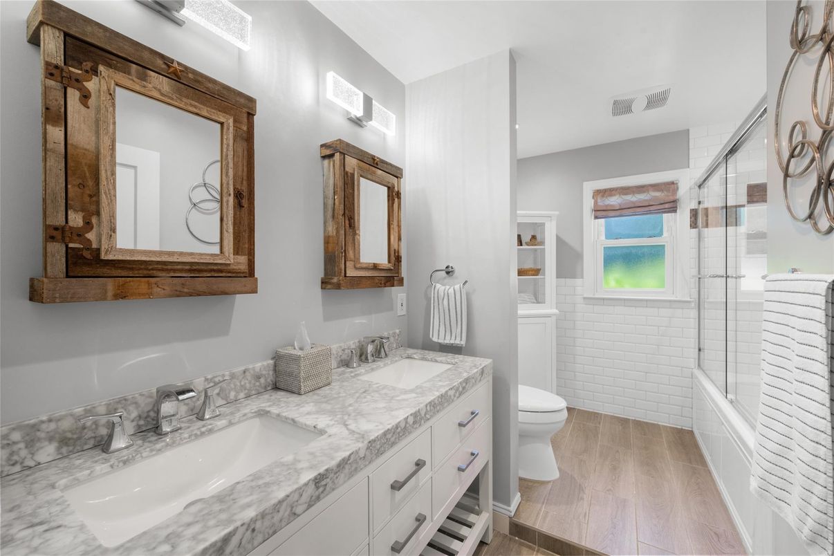 Bathroom, Dual Sink Vanities, Glass Shower, Interior, Wood Texture Flooring
