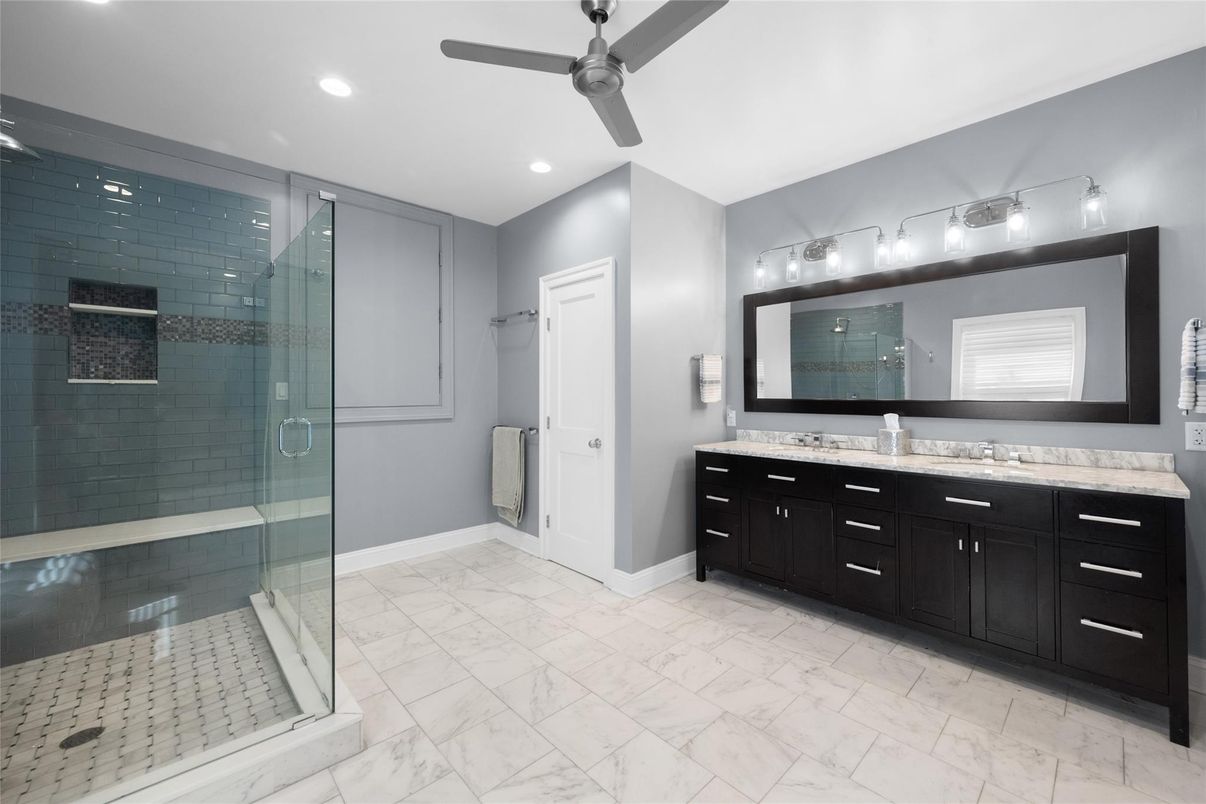 Bathroom, Dual Sink Vanities, Glass Shower, Interior, Marble, Recessed Lighting