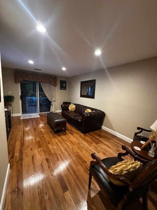 Fireplace, Interior, Living room, Recessed Lighting, Wood Texture Flooring