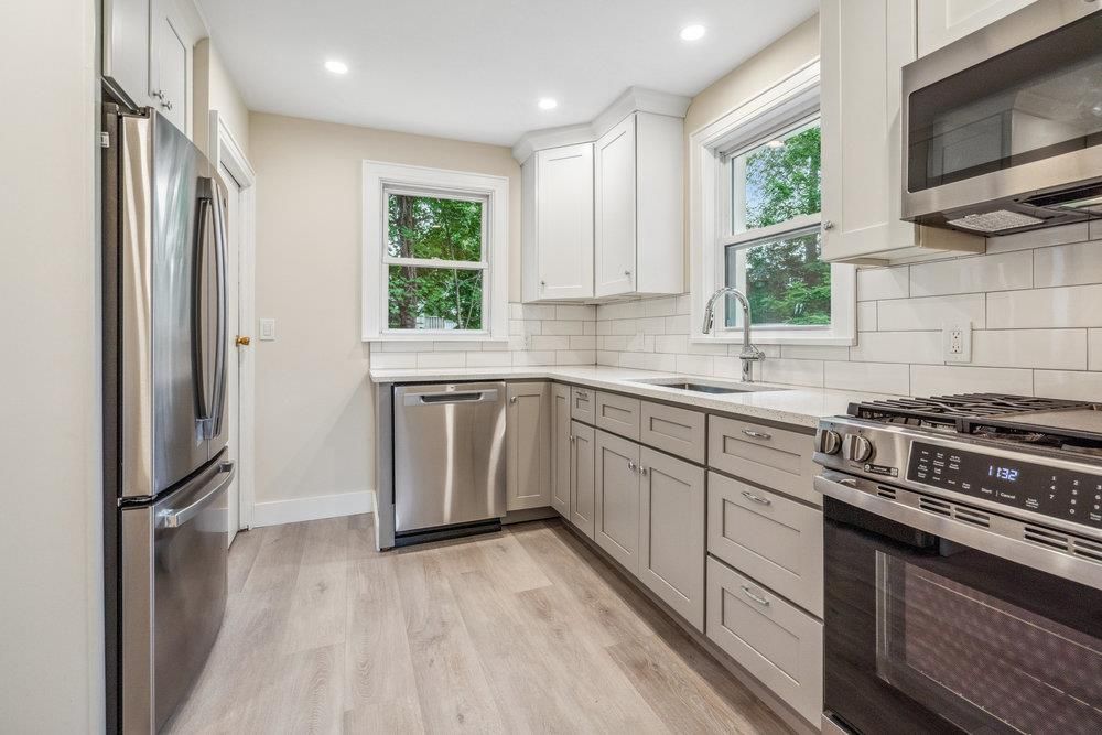 Interior, Kitchen, Recessed Lighting, Stainless Steel Appliances, Wood Texture Flooring