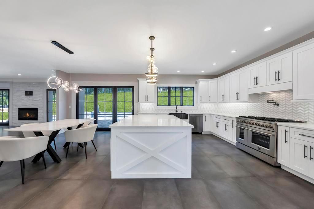 Dining room, Fireplace, Interior, Kitchen, Pendant Lights, Recessed Lighting, Stainless Steel Appliances