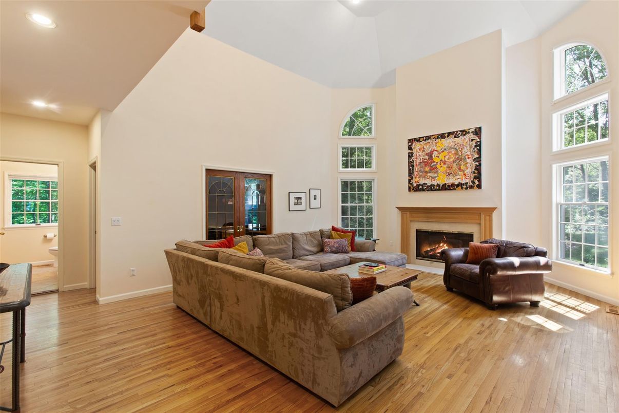 Fireplace, Interior, Living room, Recessed Lighting, Wood Texture Flooring