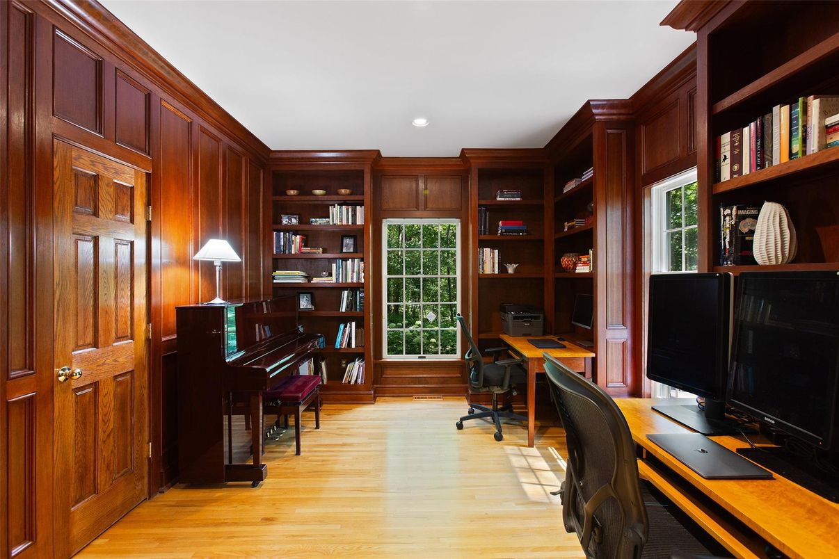 Home Office, Interior, Piano, Recessed Lighting, Wood Texture Flooring, Wooden Walls