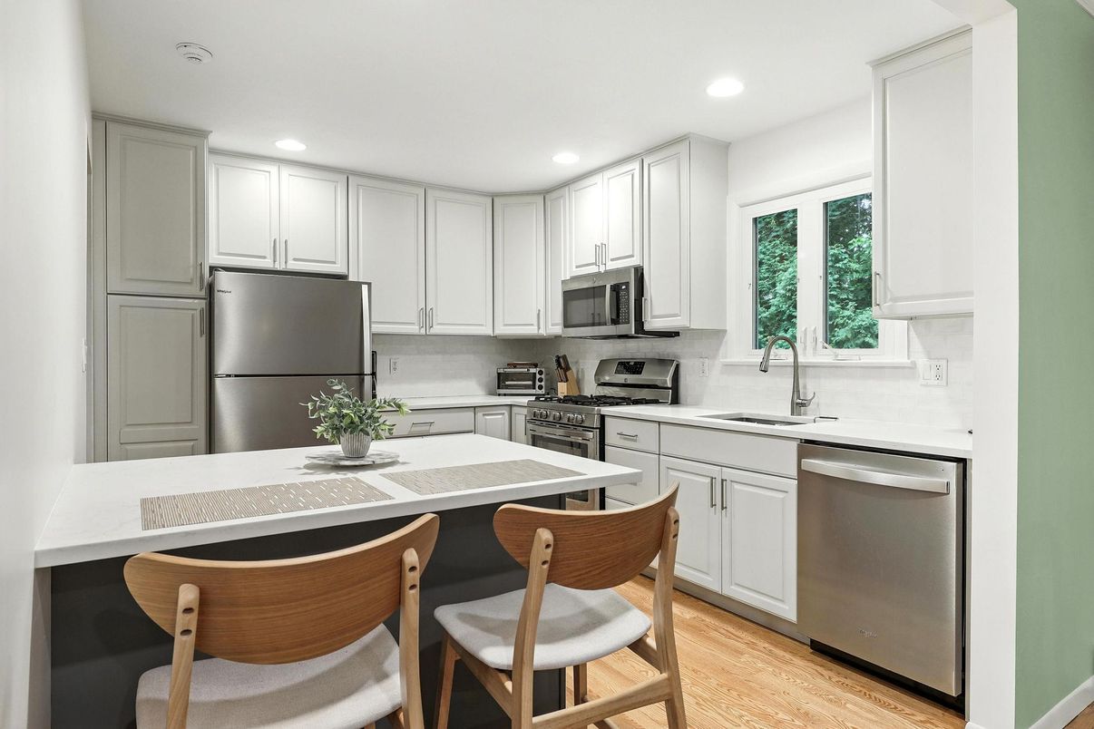 Interior, Kitchen, Recessed Lighting, Stainless Steel Appliances, Wood Texture Flooring