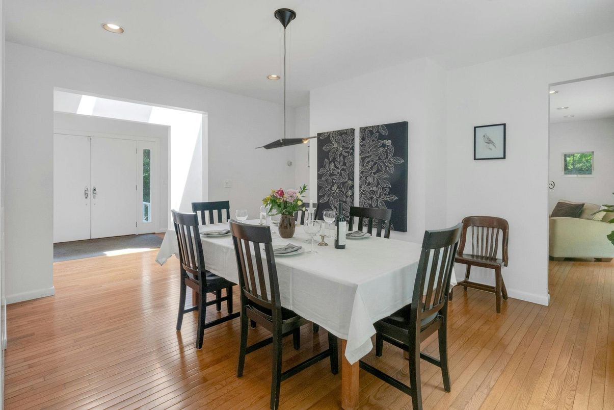 Dining room, Interior, Pendant Lights, Recessed Lighting, Wood Texture Flooring